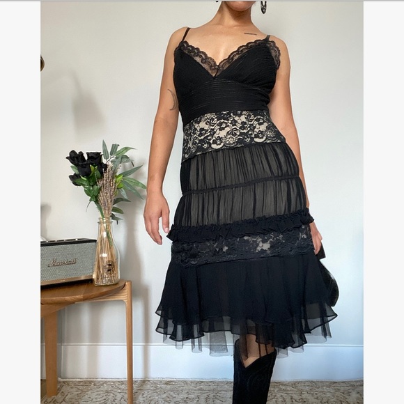 Vtg Basix II Tiered Silk Pleated Lace Midi Dress - Picture 2 of 5